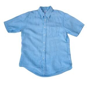 Brooks Brothers Blue Linen Short Slv Button Down Shirt Regent Original Polo Sz L